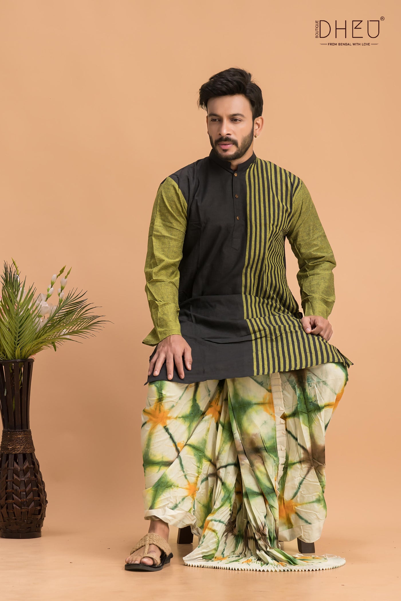 Casual moss green and black kurta with multicolour designer dhoti from dheu.in