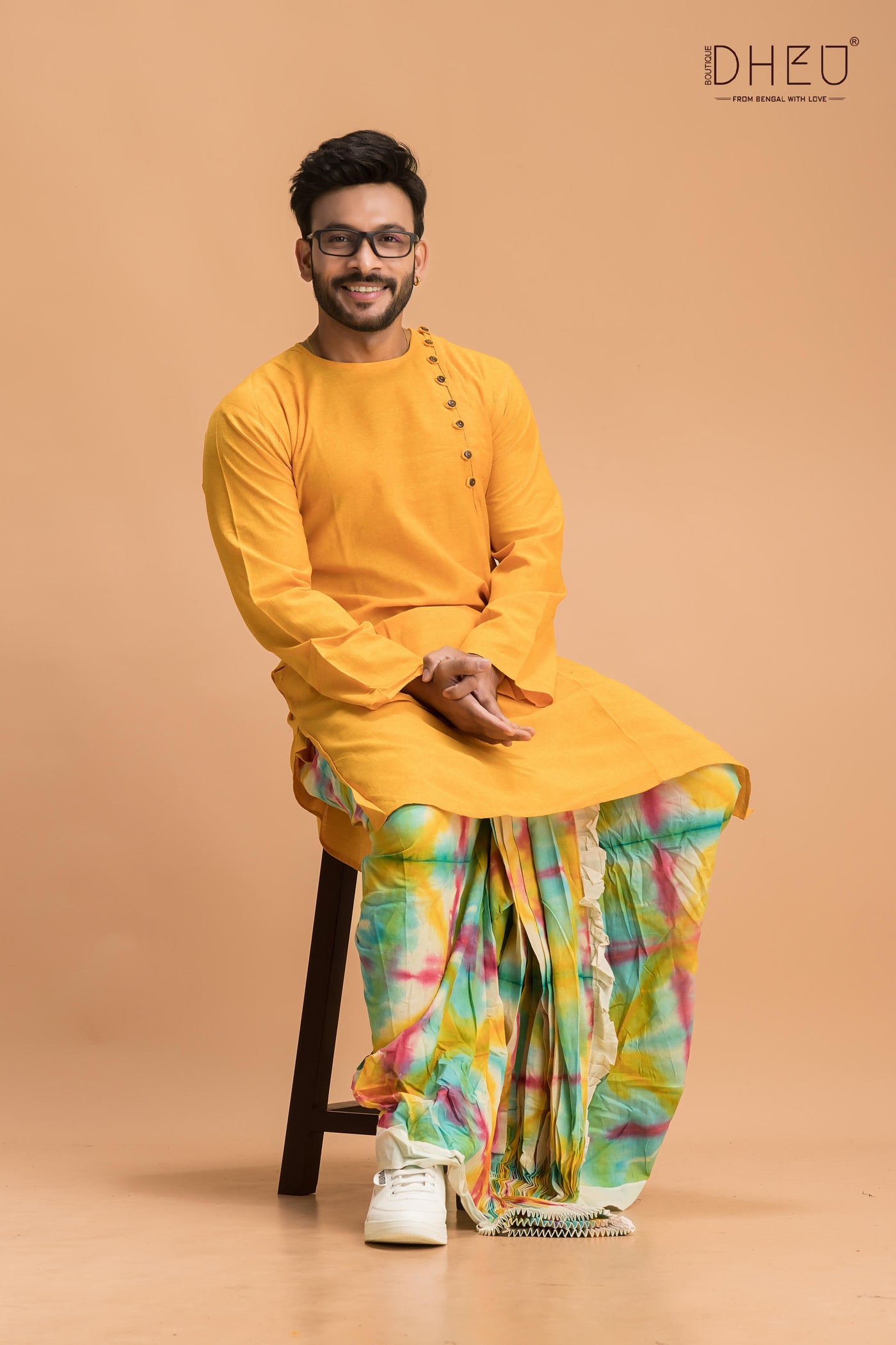 Elegant yellow kurta with multicolour designer dhoti only at dheu.in