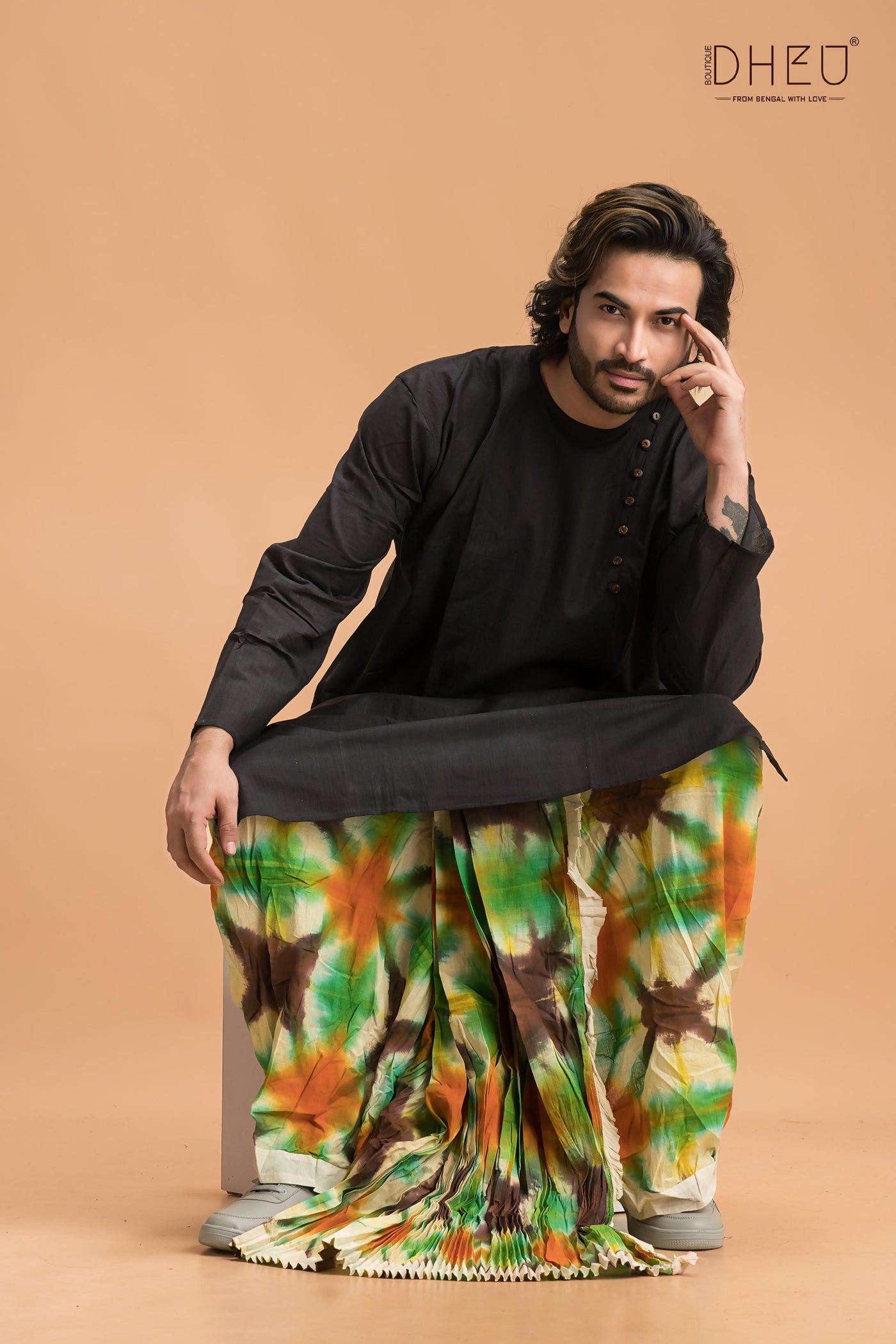 Casual black kurta with designer multicolour dhoti only at dheu.in