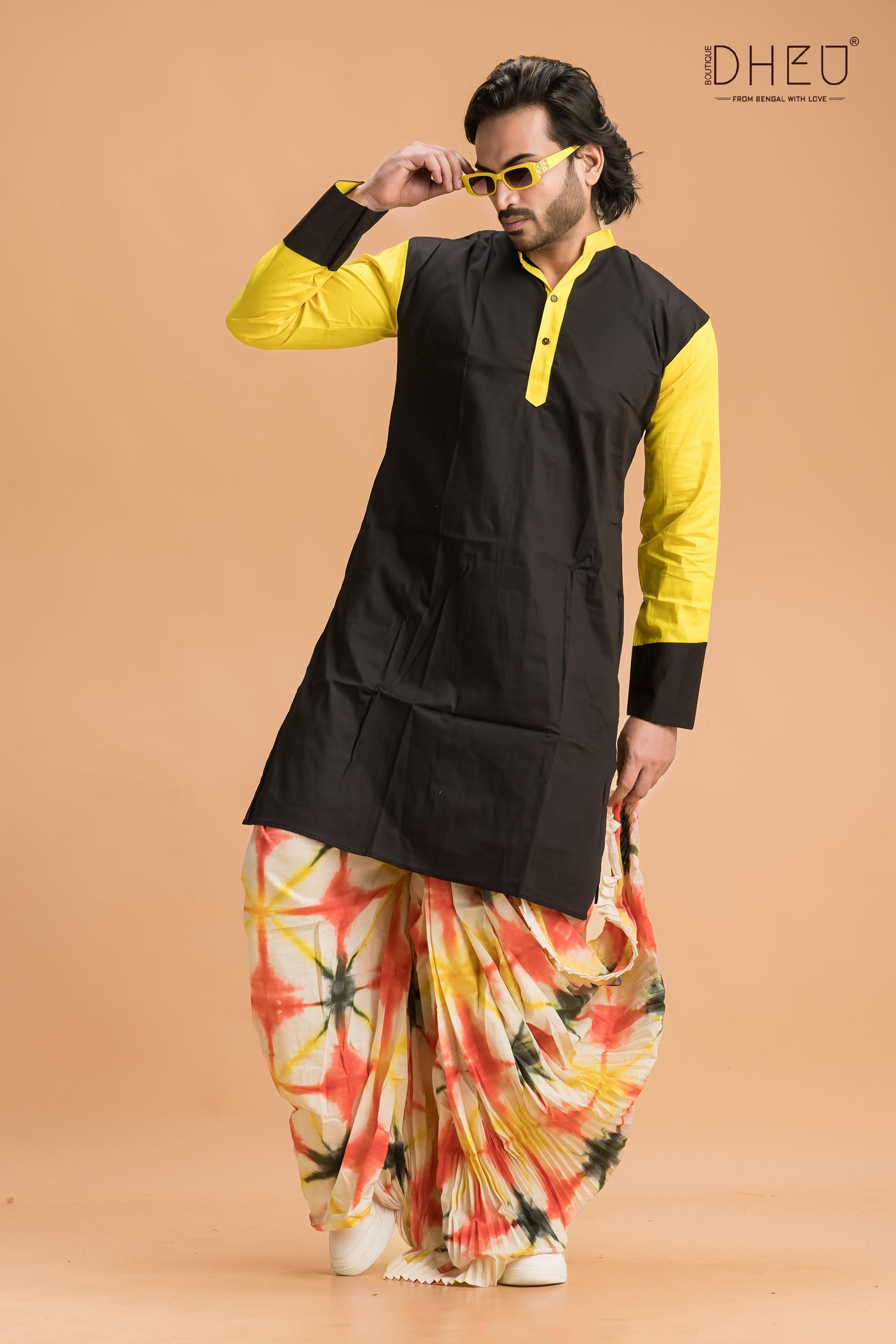 Sophisticate black kurta with multicolour designer dhoti from dheu.in