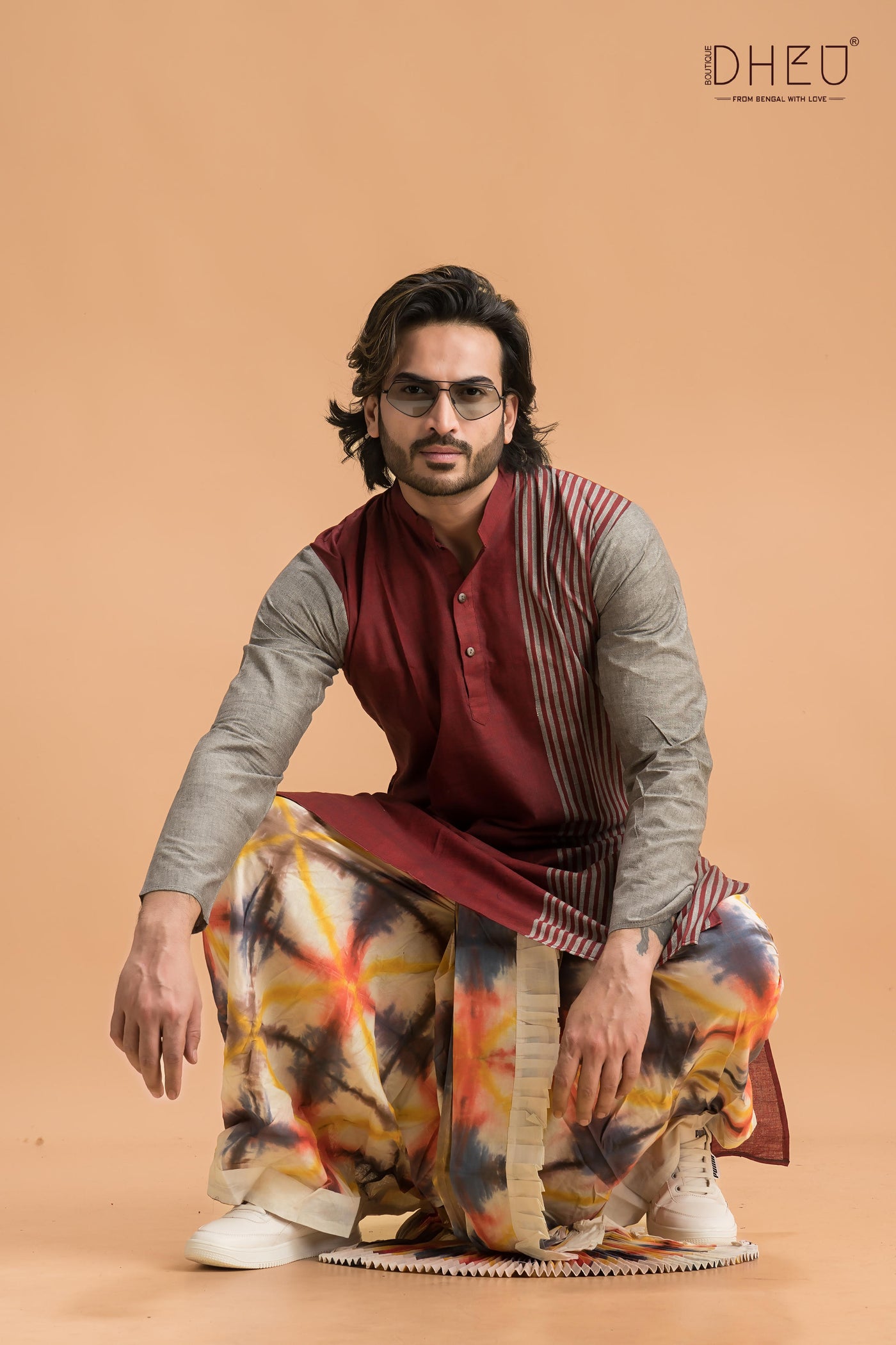 Elegant maroon and grey kurta with designer multicolour  dhoti only at dheu.in