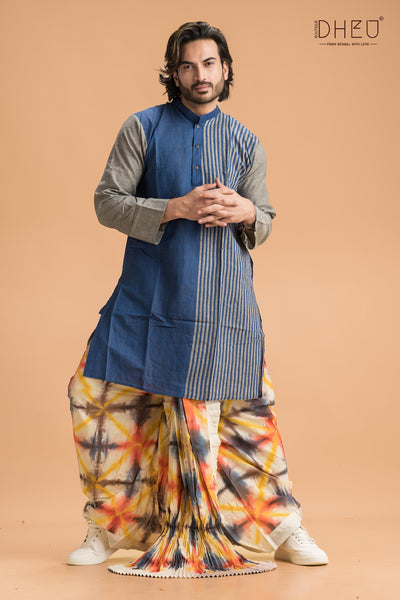 Elegant blue and grey kurta with multicolour dhoti  dhoti ready to wear dhoti from dheu.in