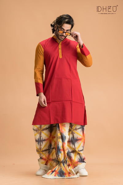 Casual red kurta with designer multicolour  dhoti only at dheu.in