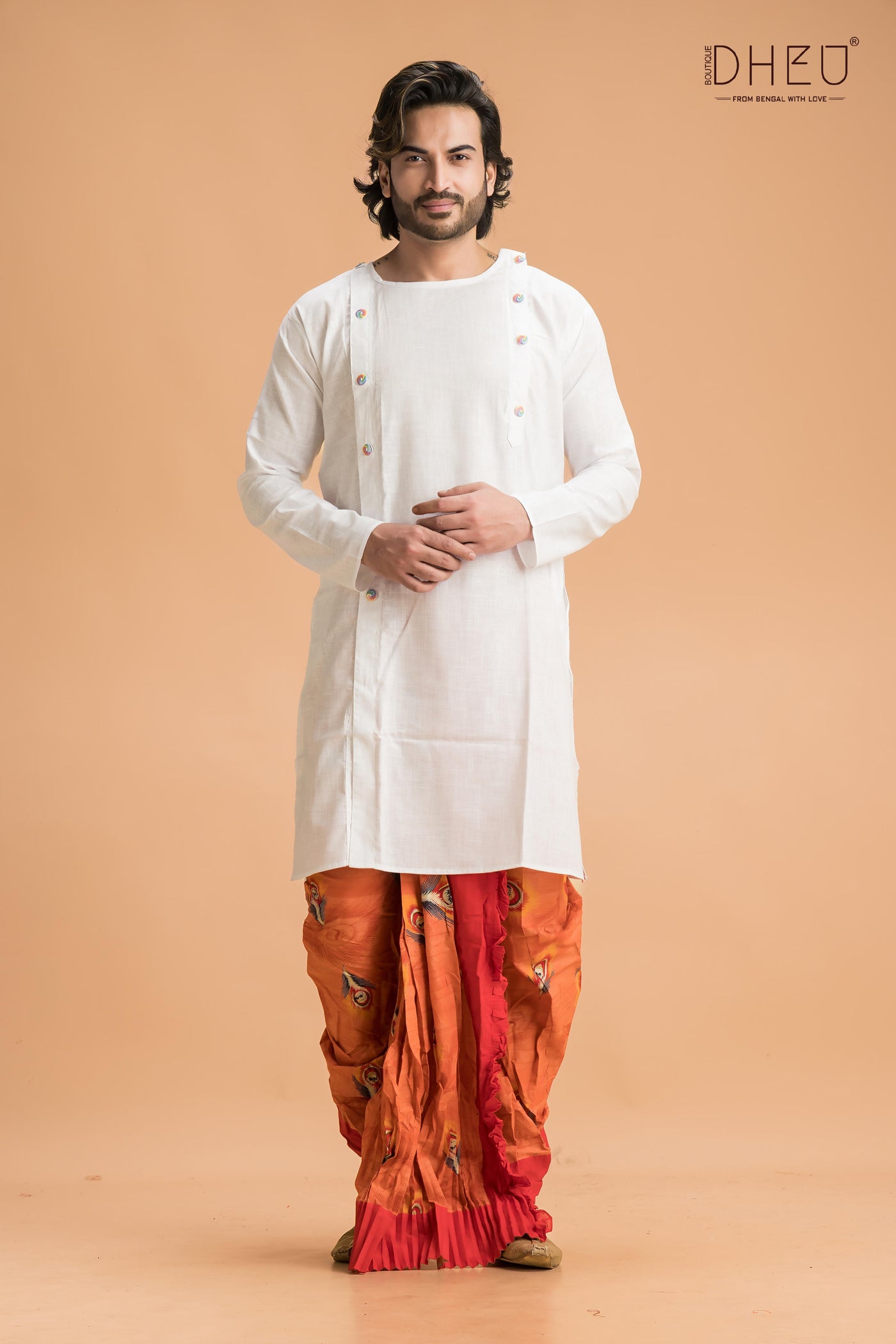 Casual white kurta with multicolour designer dhoti from dheu.in