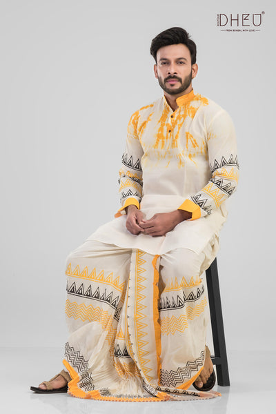 Classic yellow- white kurta & designer  dhoti is perfect to buy from dheu.in