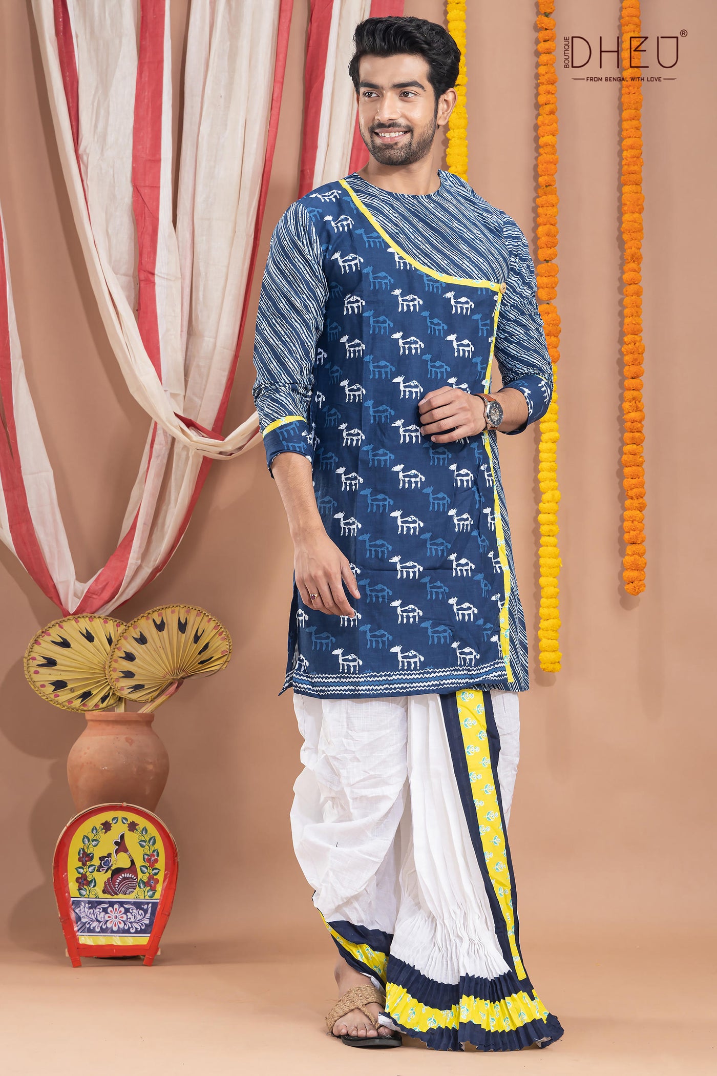 Classic blue kurta with blue, yellow & white designer dhoti from dheu.in