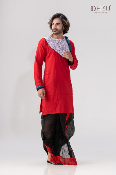Elegant red and white kurta with designer dhoti from dheu.in