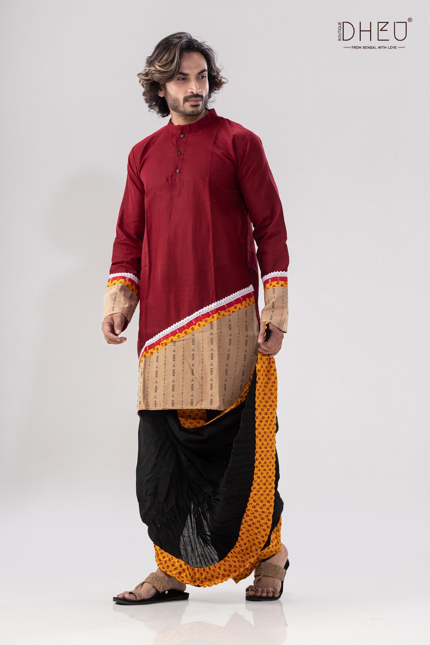 Elegant maroon kurta with designer dhoti from dheu.in