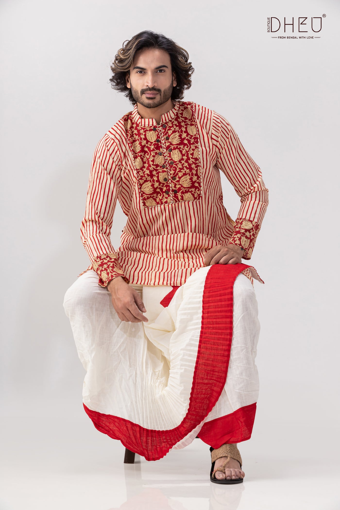 Elegant red and beige kurta with designer dhoti from dheu.in