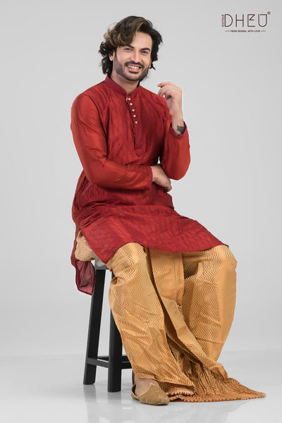 Classic designer red kurta and designer dhoti only at dheu.in