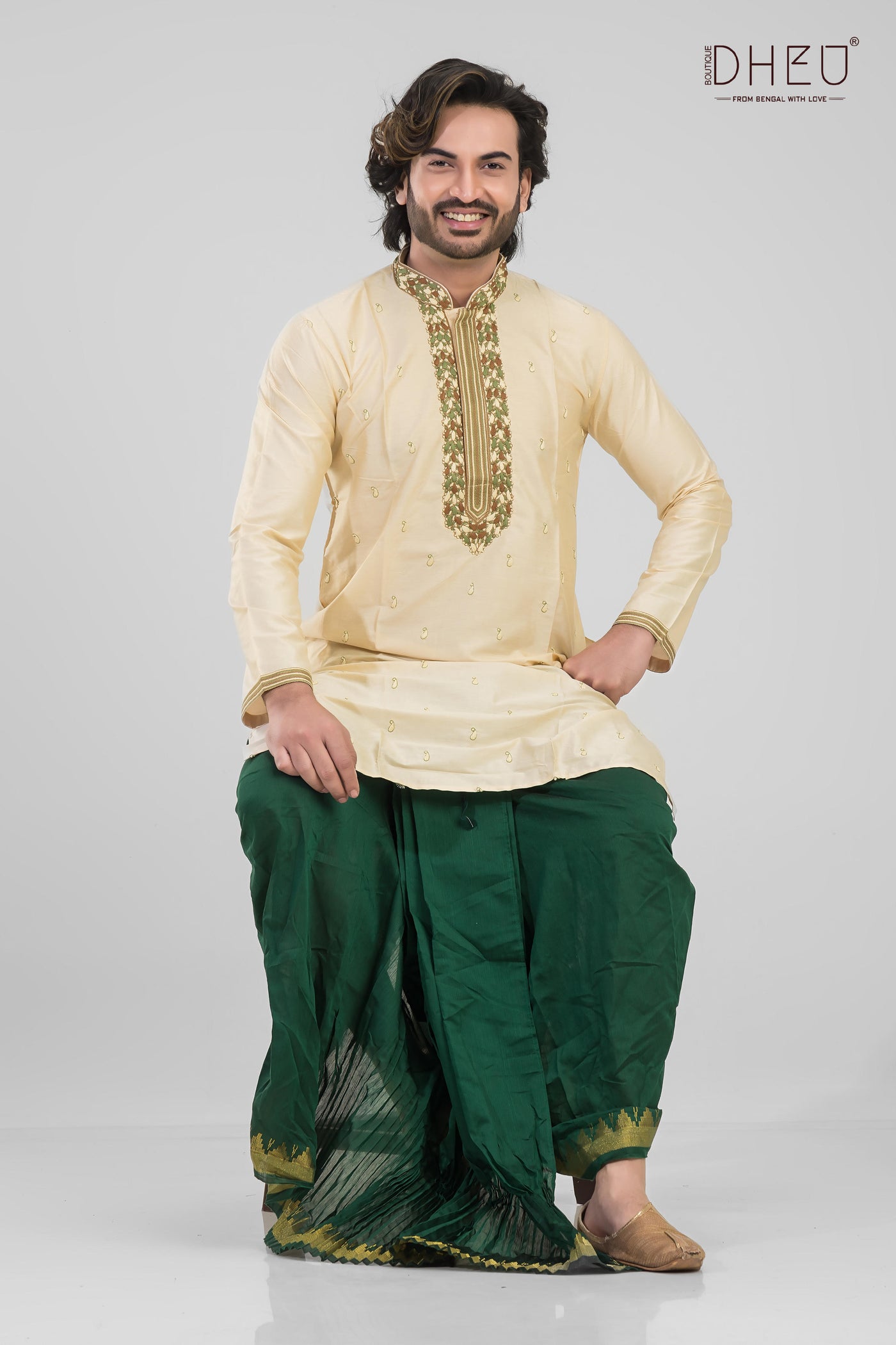Elegant beige kurta with designer green dhoti only at dheu.in
