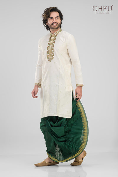 Vibrant white and green kurta with ready to wear dhoti from dheu.in