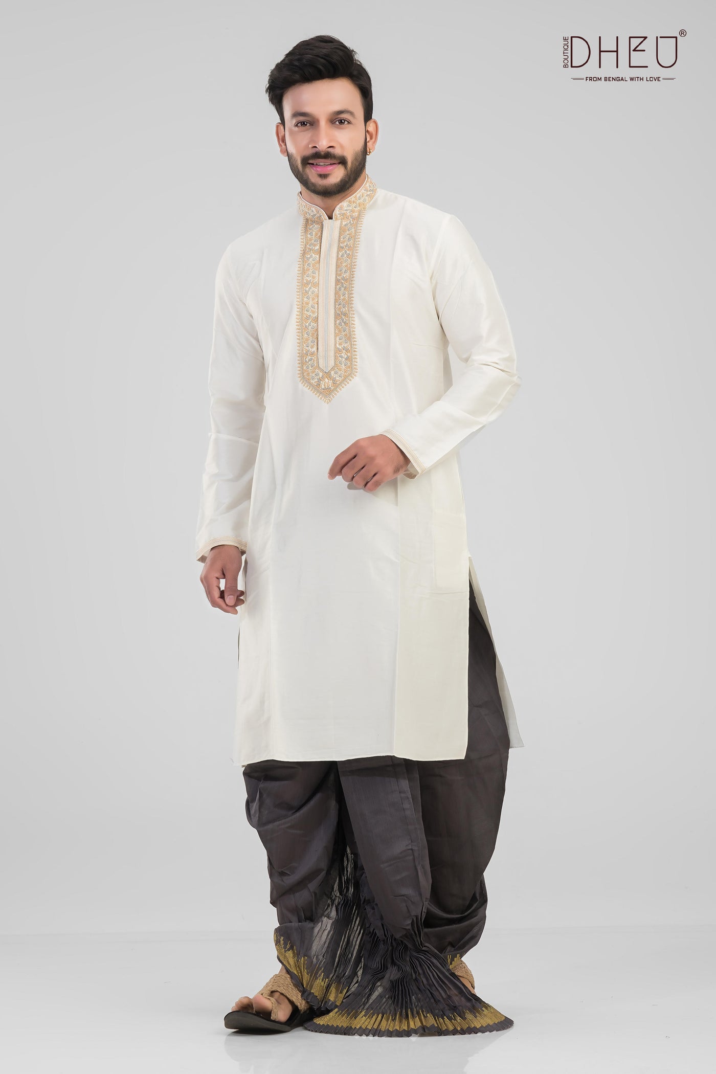 Sophisticate white kurta with black designer dhoti from dheu.in