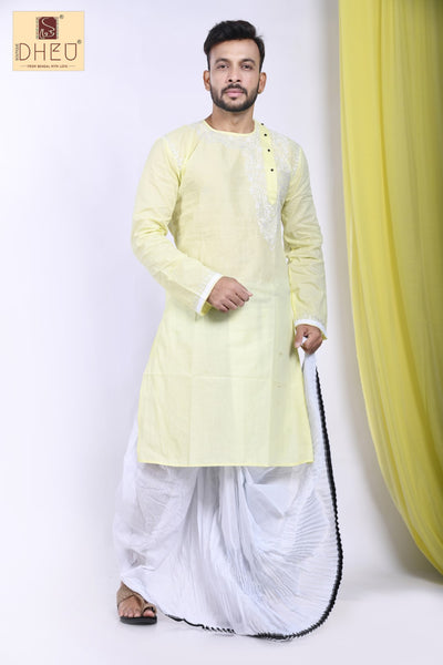 Elegant lemon yellow  kurta with white ready to wear dhoti from dheu.in