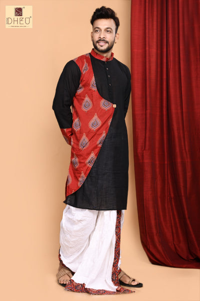 Designer black and maroon kalamkari kurta with white ready to wear dhoti from dheu.in
