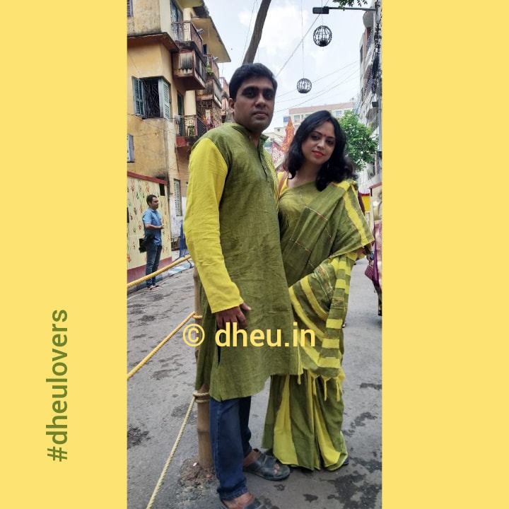 Moss Green-Handloom Pure Cotton Saree-Kurta Couple Set - Boutique Dheu