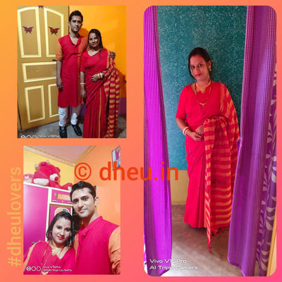 Radical Red-Handloom Pure Cotton Saree-Kurta Couple Set - Boutique Dheu
