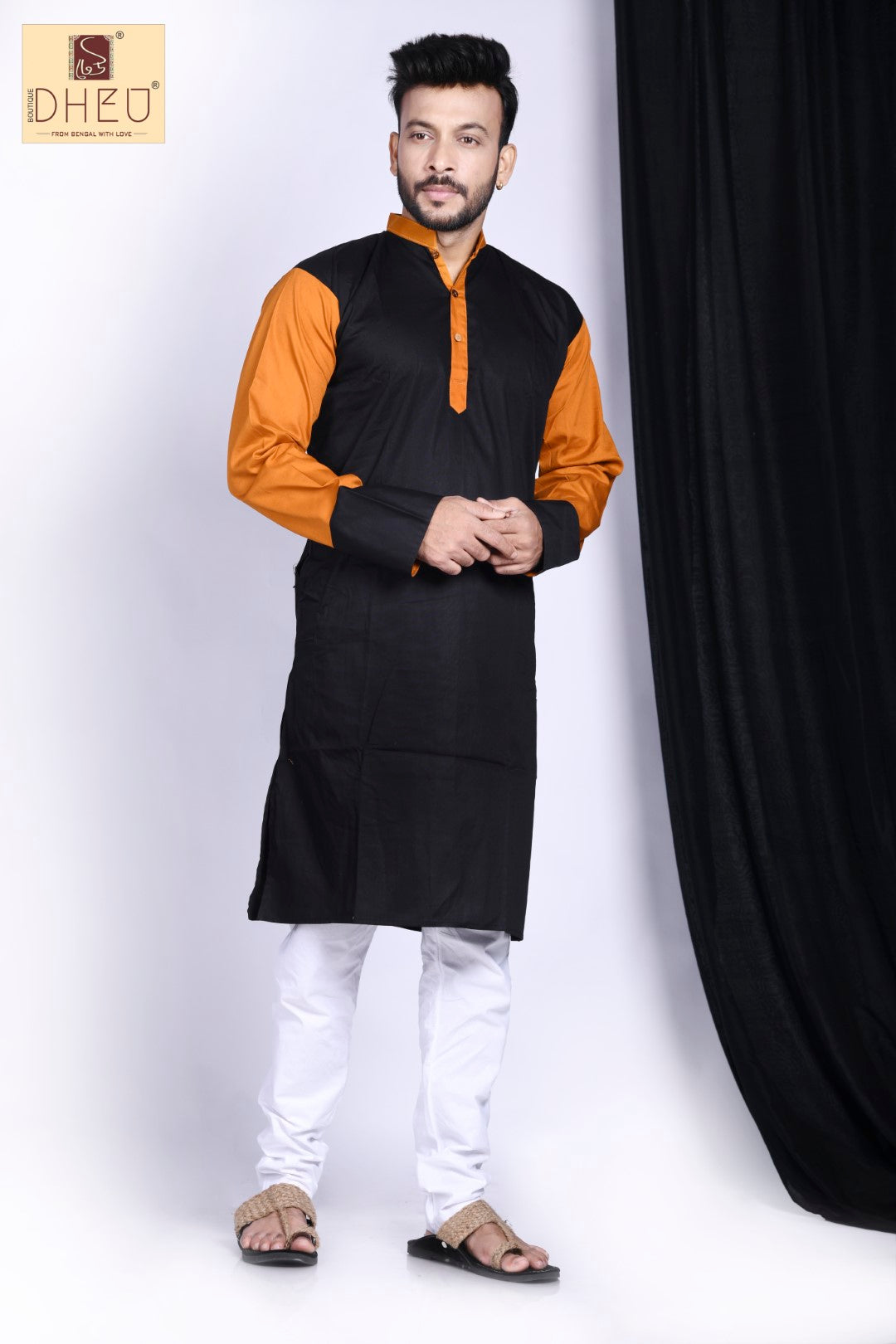 Vibrant black-orange designer kurta at low cost in dheu.in