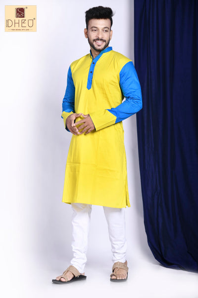Vibrant yellow-aqua blue designer kurta at low cost in dheu.in