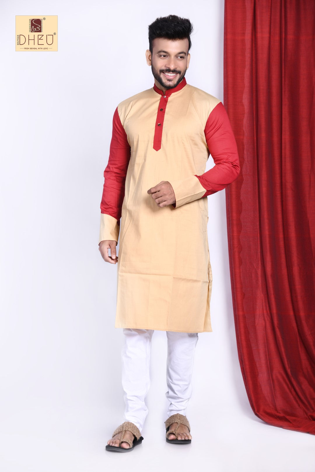 Vibrant beige-red designer kurta at low cost in dheu.in