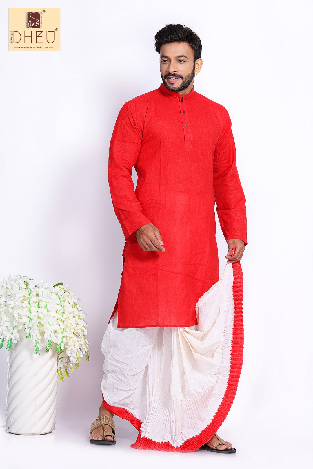 Sophisticate red kurta with designer white red dhoti only at dheu.in