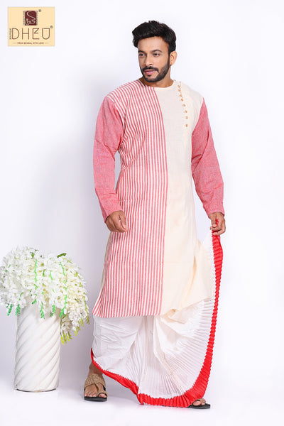 Casual kurta with red-white dhoti set at dheu.in