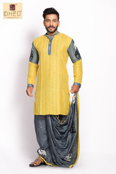 Classic yellow and grey kurta with grey designer dhoti from dheu.in