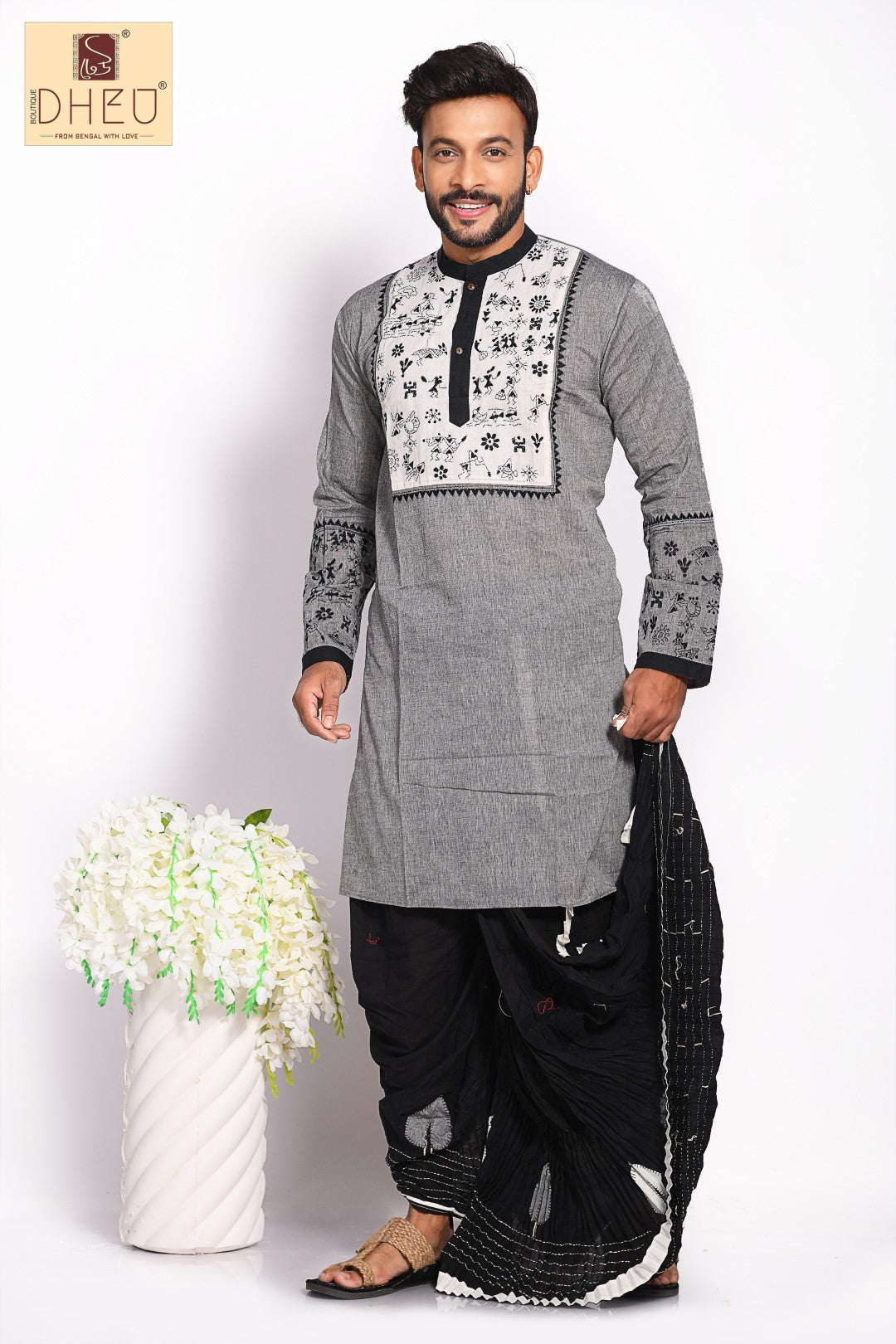 Elegant grey and black kurta with black designer dhoti only at dheu.in