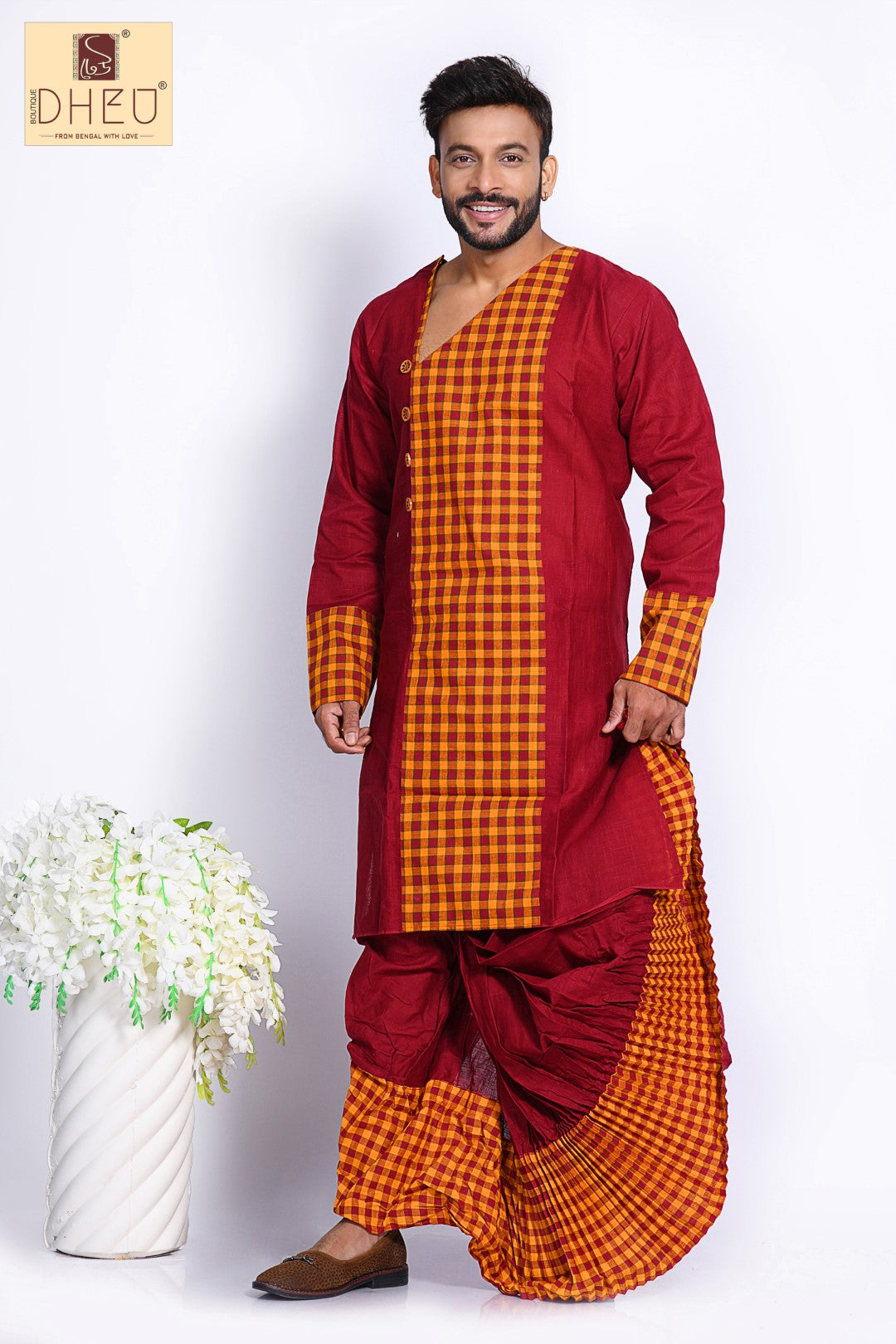 Classic red-orange kurta & designer dhoti is perfect to buy from dheu.in