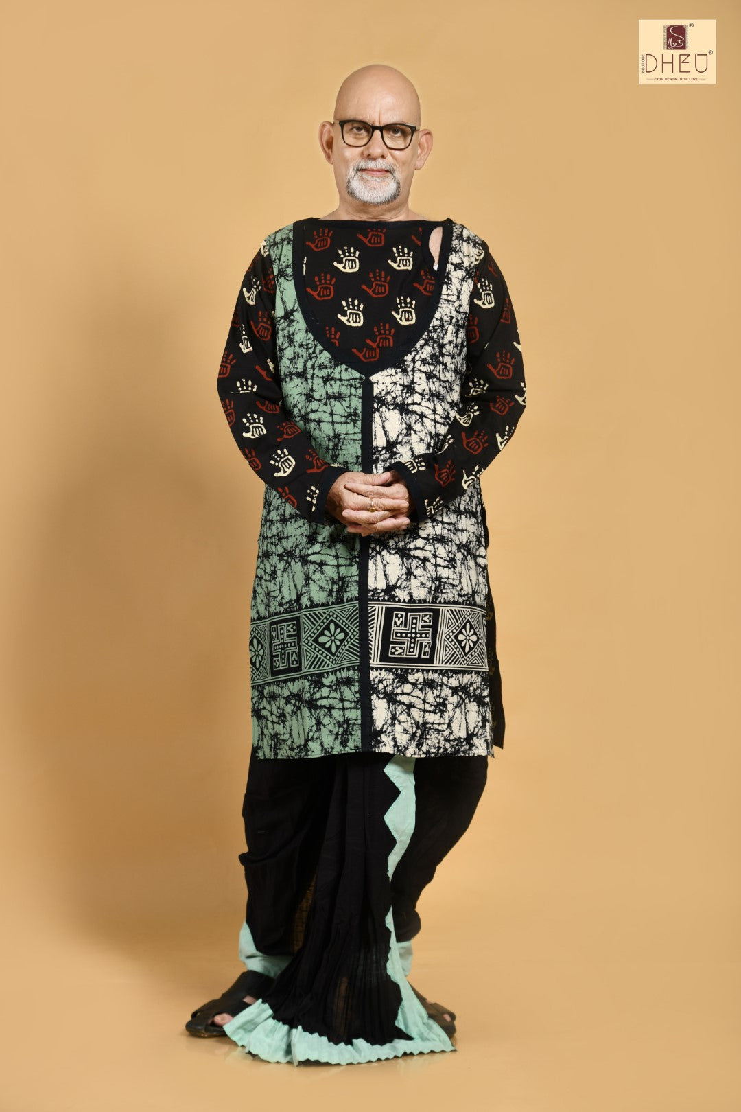 Monochrome black and white kurta with black ready to wear dhoti from dheu.in