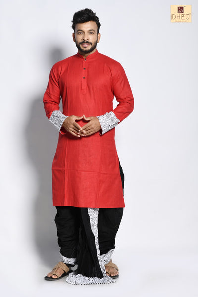 Sophisticate red kurta with designer white black dhoti only at dheu.in