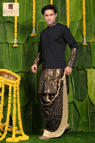 Sophisticate pure benarasi black kurta with black and golden ready to wear dhoti from dheu.in
