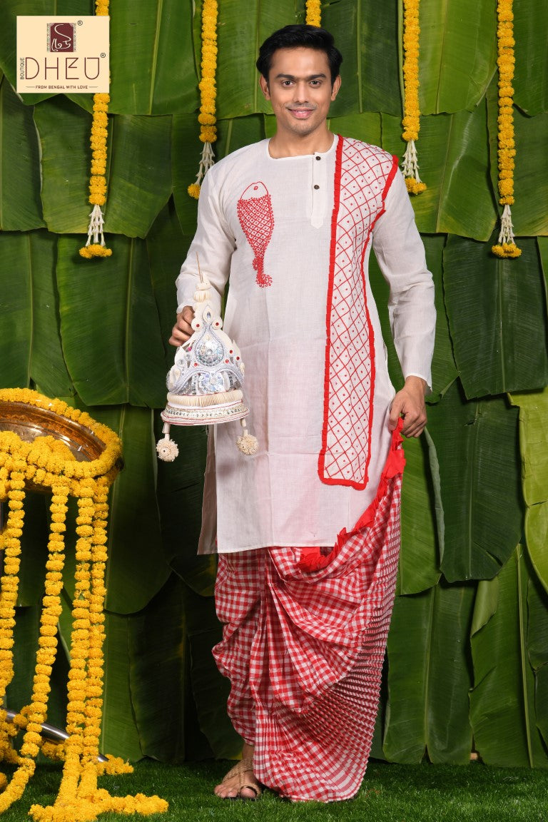 Elegant red and white kurta with designer dhoti only at dheu.in