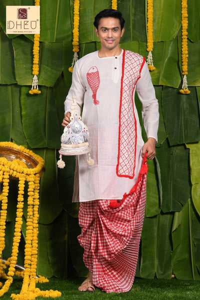 Elegant red and white kurta with designer dhoti only at dheu.in