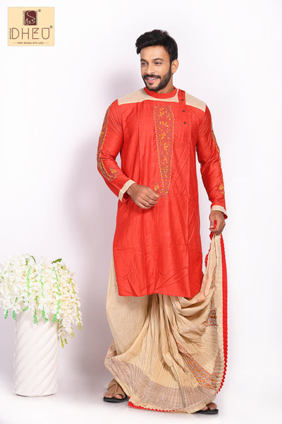 Elegant red kurta with designer beige dhoti only at dheu.in