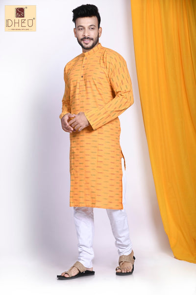 Vibrant yellow kurta with white cotton aligarh style pant from dheu.in