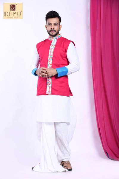 Sophisticate white kurta with rani pink coat and white ready to wear dhoti from dheu.in