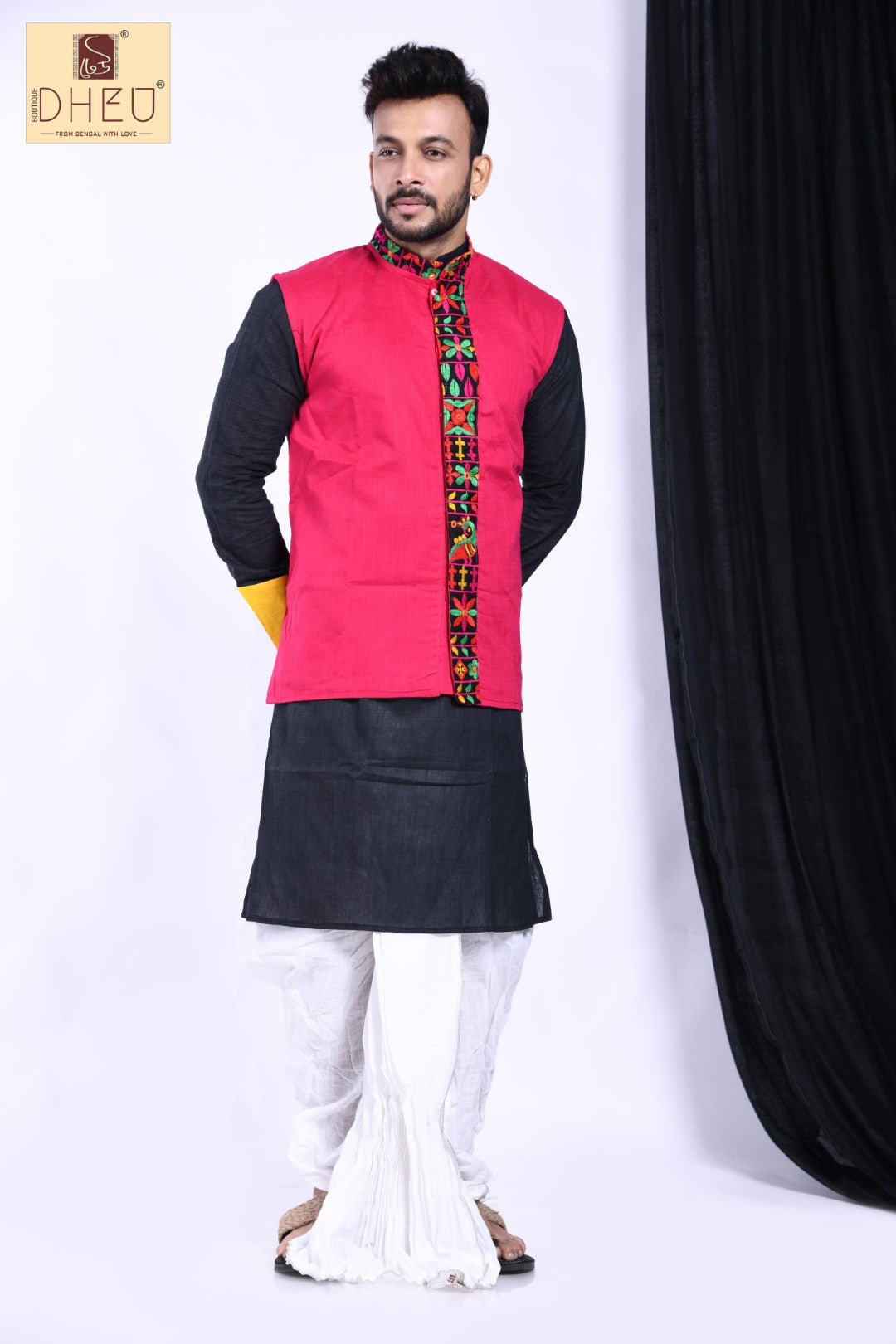 Designer black kurta with rani pink coat and white ready to wear dhoti from dheu.in