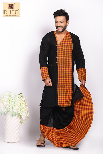 Classic black- rust orange kurta & designer dhoti is perfect to buy from dheu.in