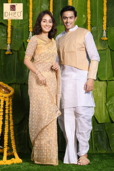 Vision In White-Saree-Kurta-Dhoti(Optional) Couple Set