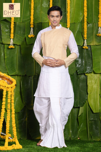Sophisticate white and beige kurta with white ready to wear dhoti from dheu.in