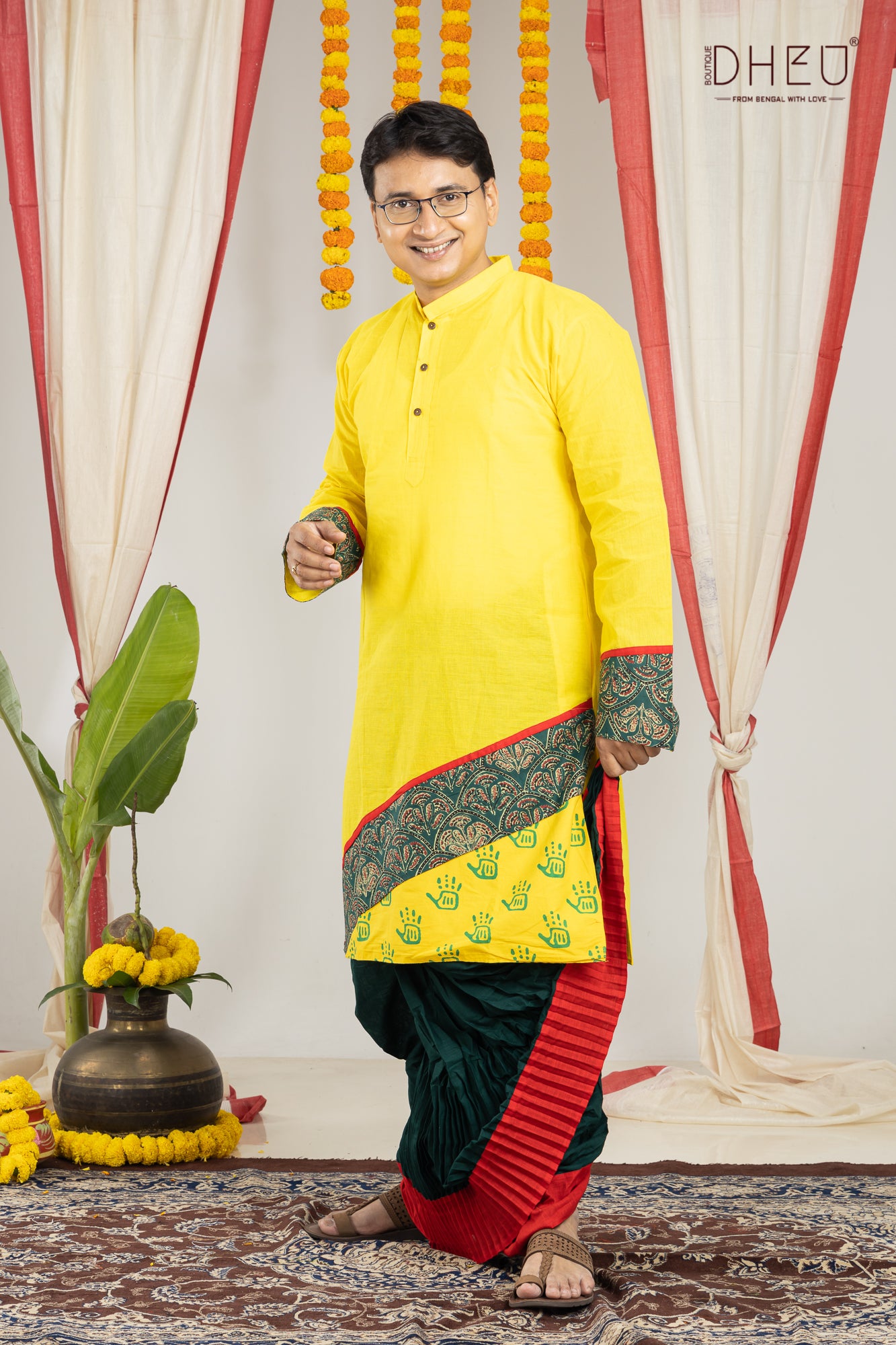 Classic yellow  kurta with red & black designer dhoti from dheu.in