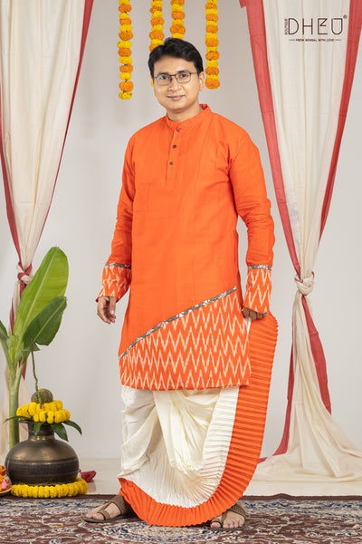 Classic orange-white kurta & designer dhoti is perfect to buy from dheu.in