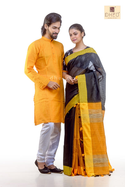 Handloom Cotton-Silk Saree-Kurta Couple Set - Boutique Dheu