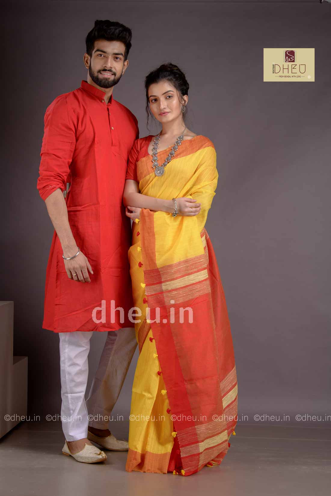 Handloom Cotton-Silk Saree-Kurta Couple Set - Boutique Dheu