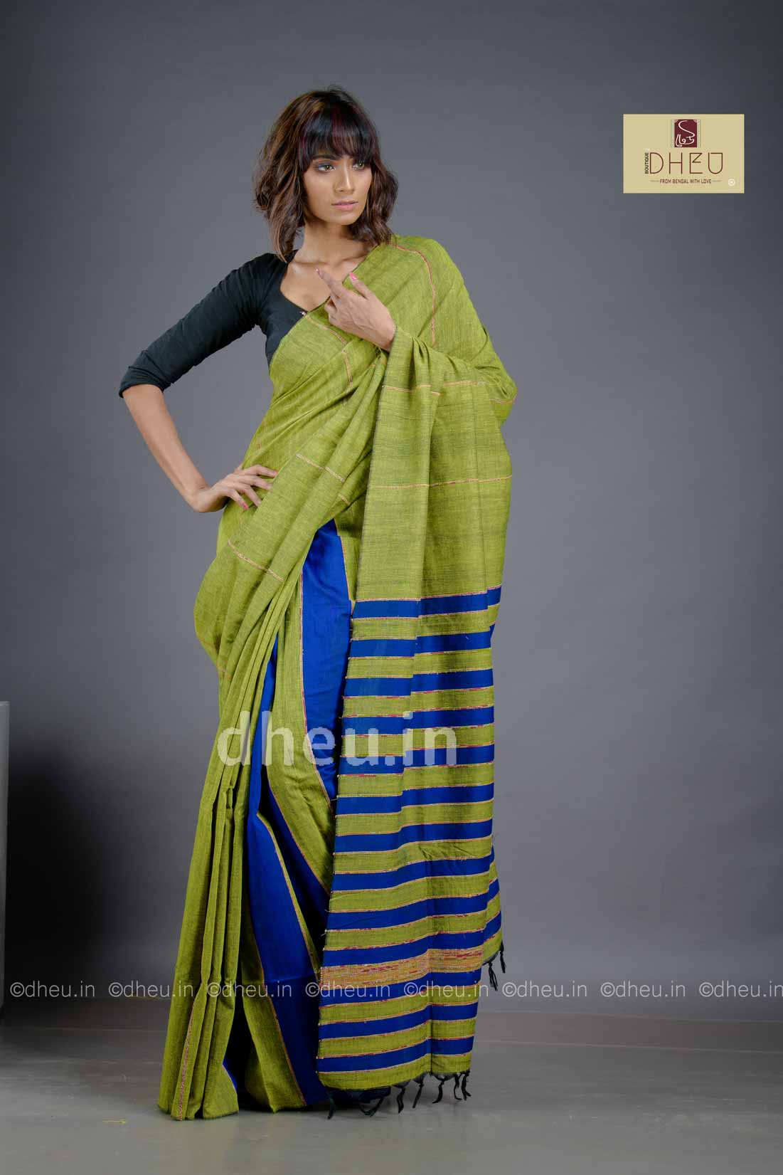 Green-Blue- Handloom Pure Cotton Saree-Kurta Couple Set - Boutique Dheu