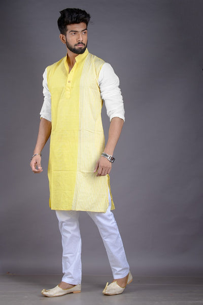 Yummy Yellow- Handloom Pure Cotton Saree-Kurta Couple Set - Boutique Dheu