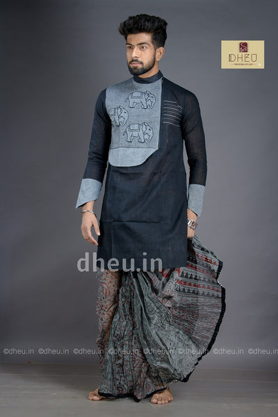 Classic black and grey kurta with grey designer dhoti from dheu.in