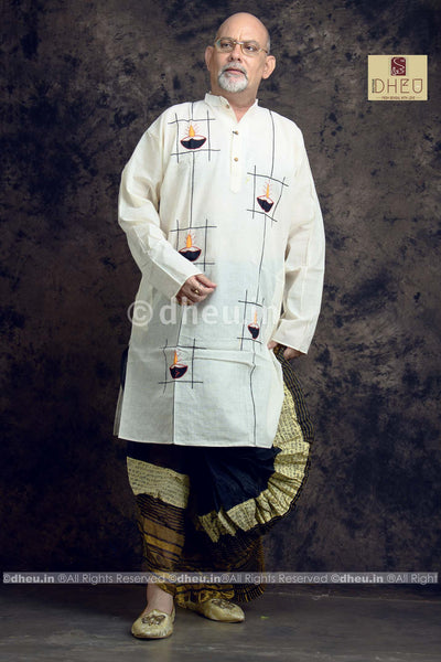 Casual white kurta with black designer dhoti from dheu.in