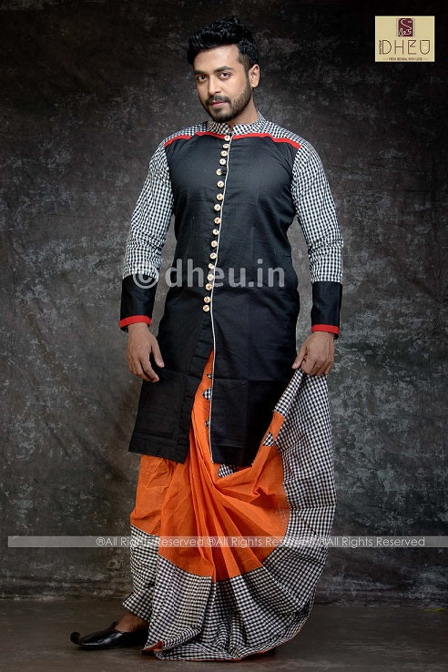 Designer black kurta with orange ready to wear dhoti from dheu.in